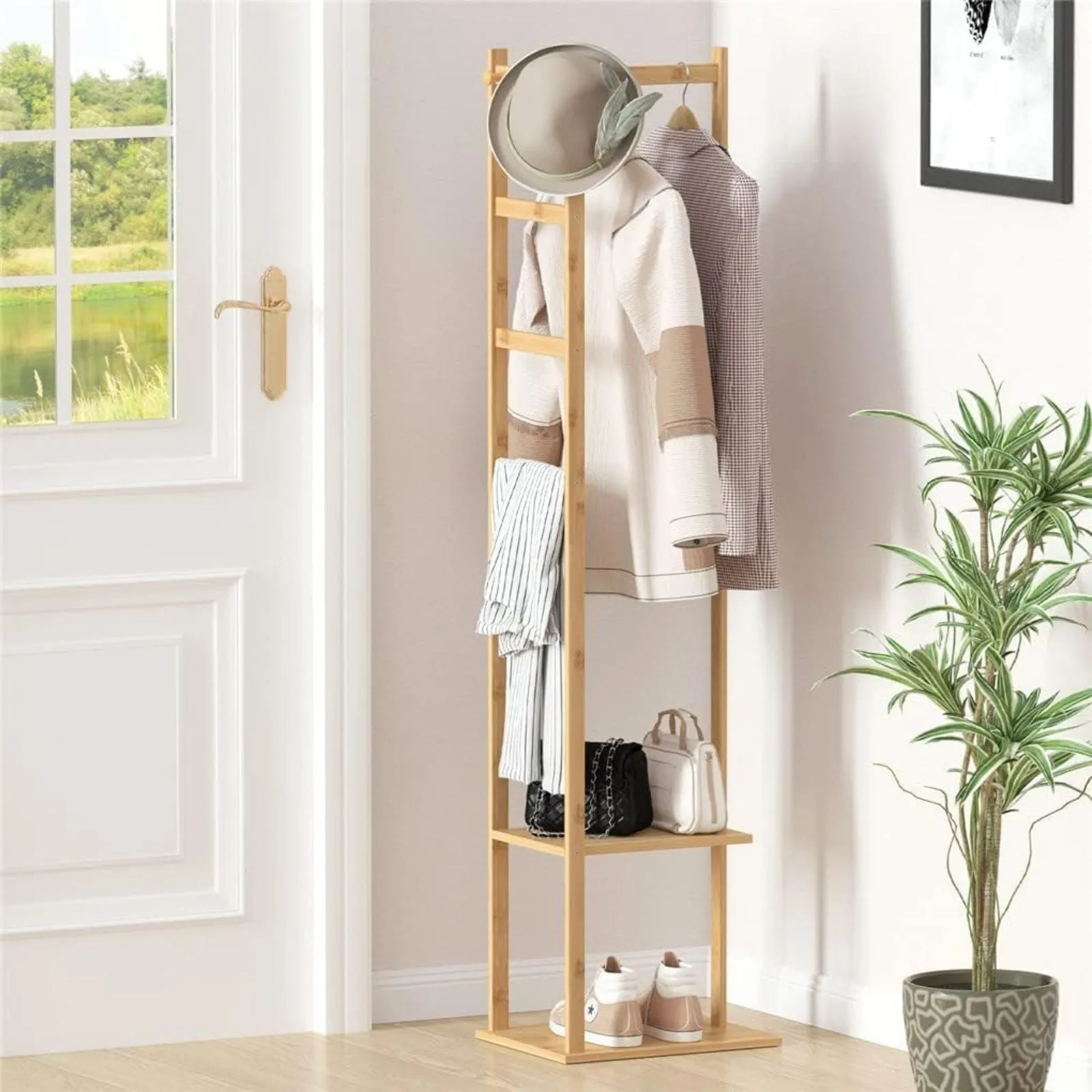 Natural Bamboo 2-Tier Clothing Rack with Hooks - EKKIO