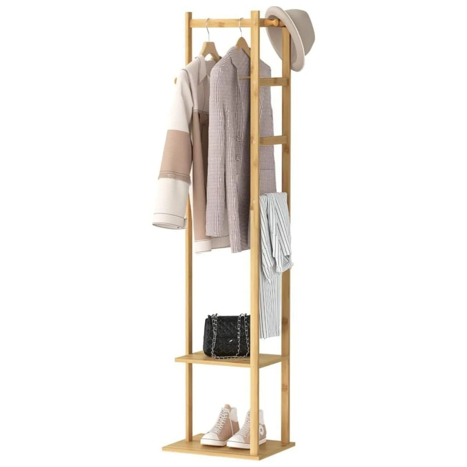 Natural Bamboo 2-Tier Clothing Rack with Hooks - EKKIO