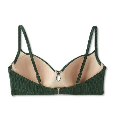 New - Women's Light Lift Tie-Front Keyhole Pique Textured Bikini Top - Shade & Shore Dark Green 34C