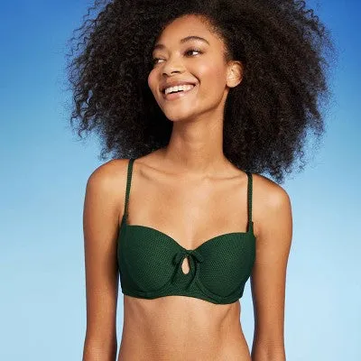 New - Women's Light Lift Tie-Front Keyhole Pique Textured Bikini Top - Shade & Shore Dark Green 34C