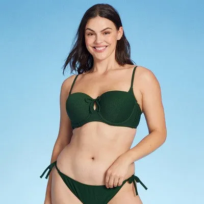 New - Women's Light Lift Tie-Front Keyhole Pique Textured Bikini Top - Shade & Shore Dark Green 38D