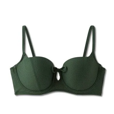 New - Women's Light Lift Tie-Front Keyhole Pique Textured Bikini Top - Shade & Shore Dark Green 38D