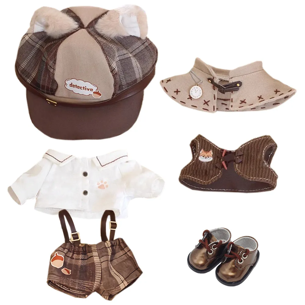 niannyyhouse 15cm 20cm Doll Clothes Brown Hat Shirt Strap Pants Shawl Vest Leather Shoes Vintage Detective Suit Soft Plush Toy Dress Up