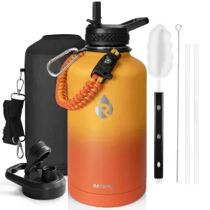 RAYMYLO Insulated Water Bottle 64 oz, Triple Wall Vacuum Stainless Steel (Cold for 48 Hrs), Leak Proof & BPA-Free, Half Gallon Water Flask Jug with Paracord Handle & Straw Spout Lids, Ombre Orange