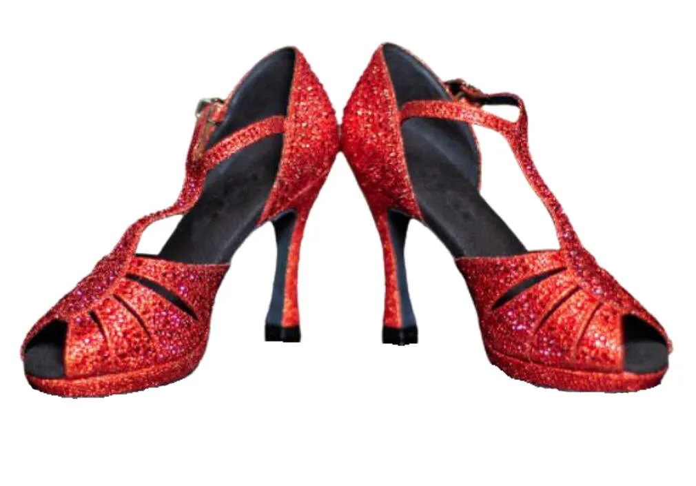 Red Glitter Rhinestones Samba Platform Dancing Shoes High Heels