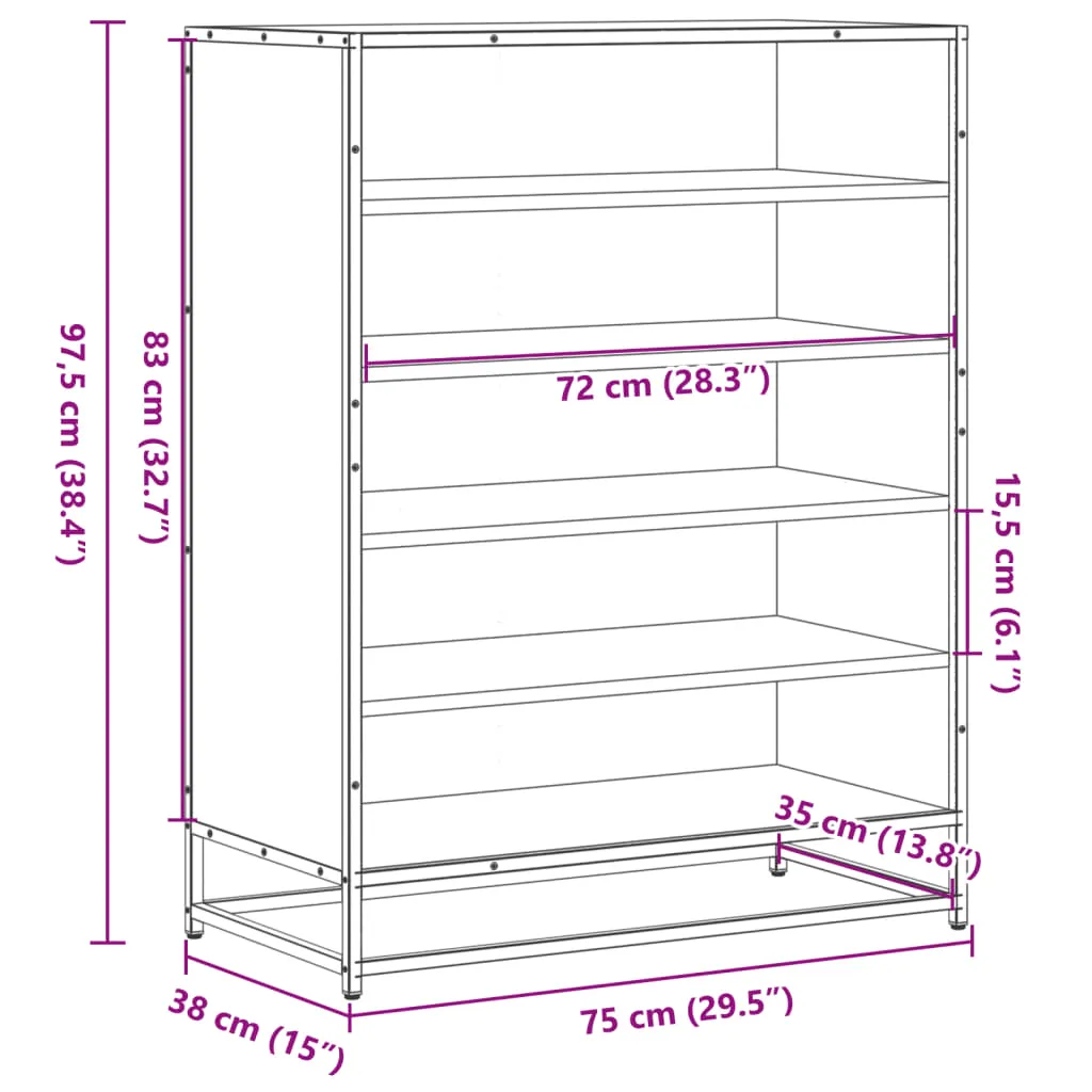 Shoe Cabinet Smoked Oak 75x38x97.5 cm Engineered Wood and Metal