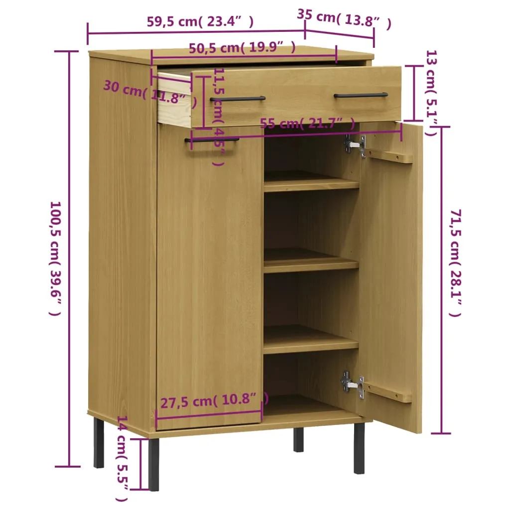 Shoe Rack with Metal Legs Brown Solid Wood Pine OSLO