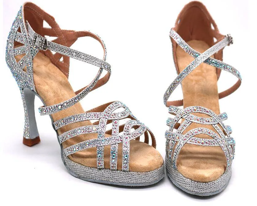 Silver Glitter Rhinestone Samba Platform Dance Shoes