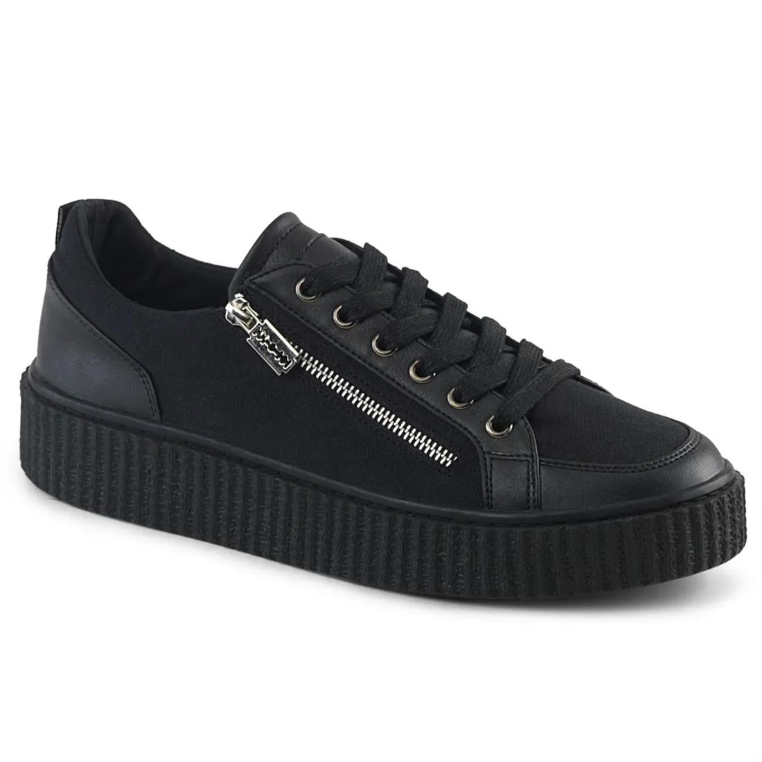 Sneeker-105 Black Sneaker Platform Creeper Shoe w/ Zipper Detail