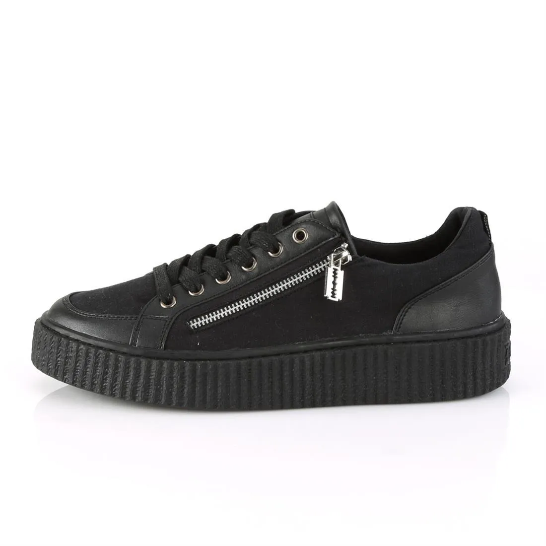 Sneeker-105 Black Sneaker Platform Creeper Shoe w/ Zipper Detail