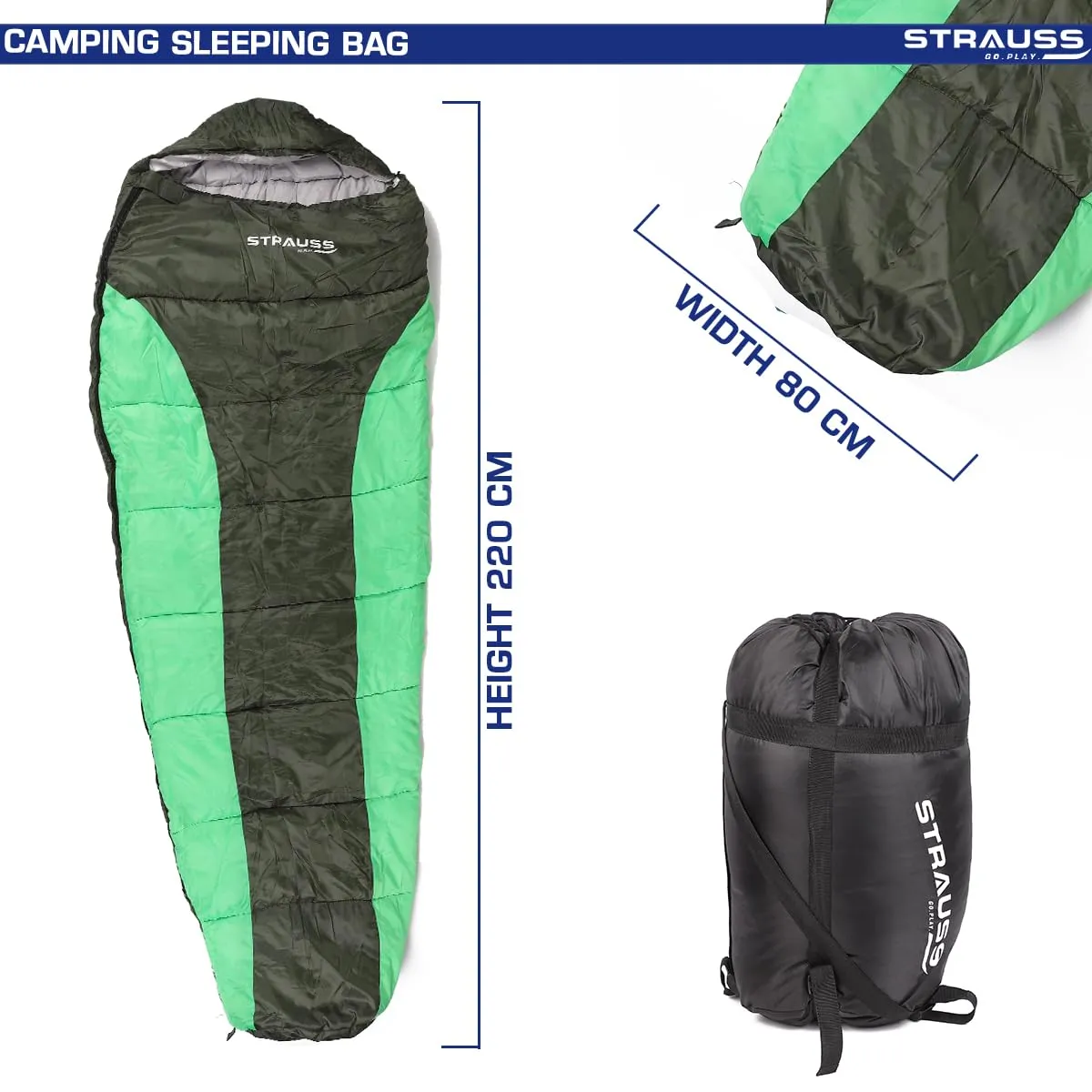 STRAUSS Mummy Shape Camping Sleeping Bag -5°C to 5°C |Can Be Used in Summer, Spring and Winter|Lightweight and Portable |Ideal for Travel Camping Hiking and Trekking | for Adults & Kids,(Black/Green)