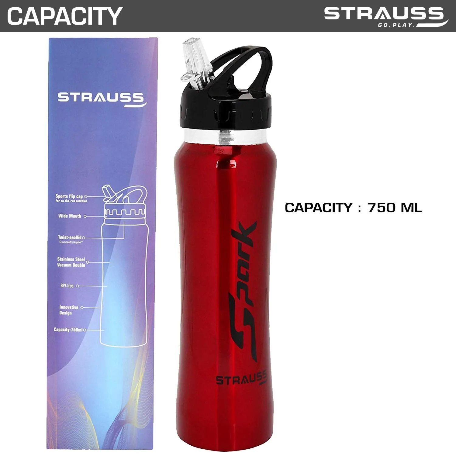 STRAUSS Spark Stainless-Steel Bottle | Leak-Proof Water Bottle | Water Bottle for Travel, Hiking, Trekking, Home, Office & School | Non-Toxic & BPA Free Steel Bottles | 750 ml,(Metal Finish Red)