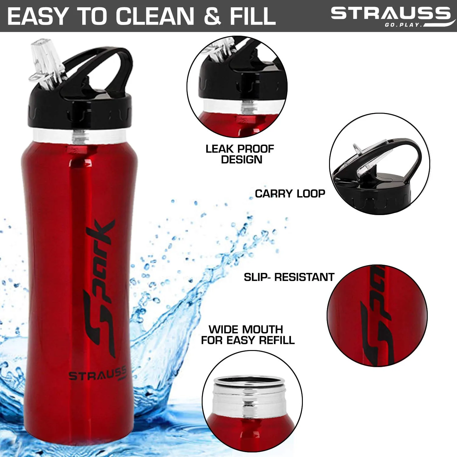 STRAUSS Spark Stainless-Steel Bottle | Leak-Proof Water Bottle | Water Bottle for Travel, Hiking, Trekking, Home, Office & School | Non-Toxic & BPA Free Steel Bottles | 750 ml,(Metal Finish Red)