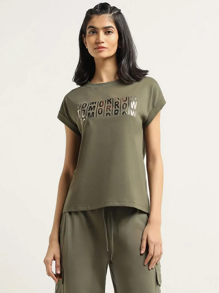 Studiofit Olive Contrast Printed Cotton T-Shirt