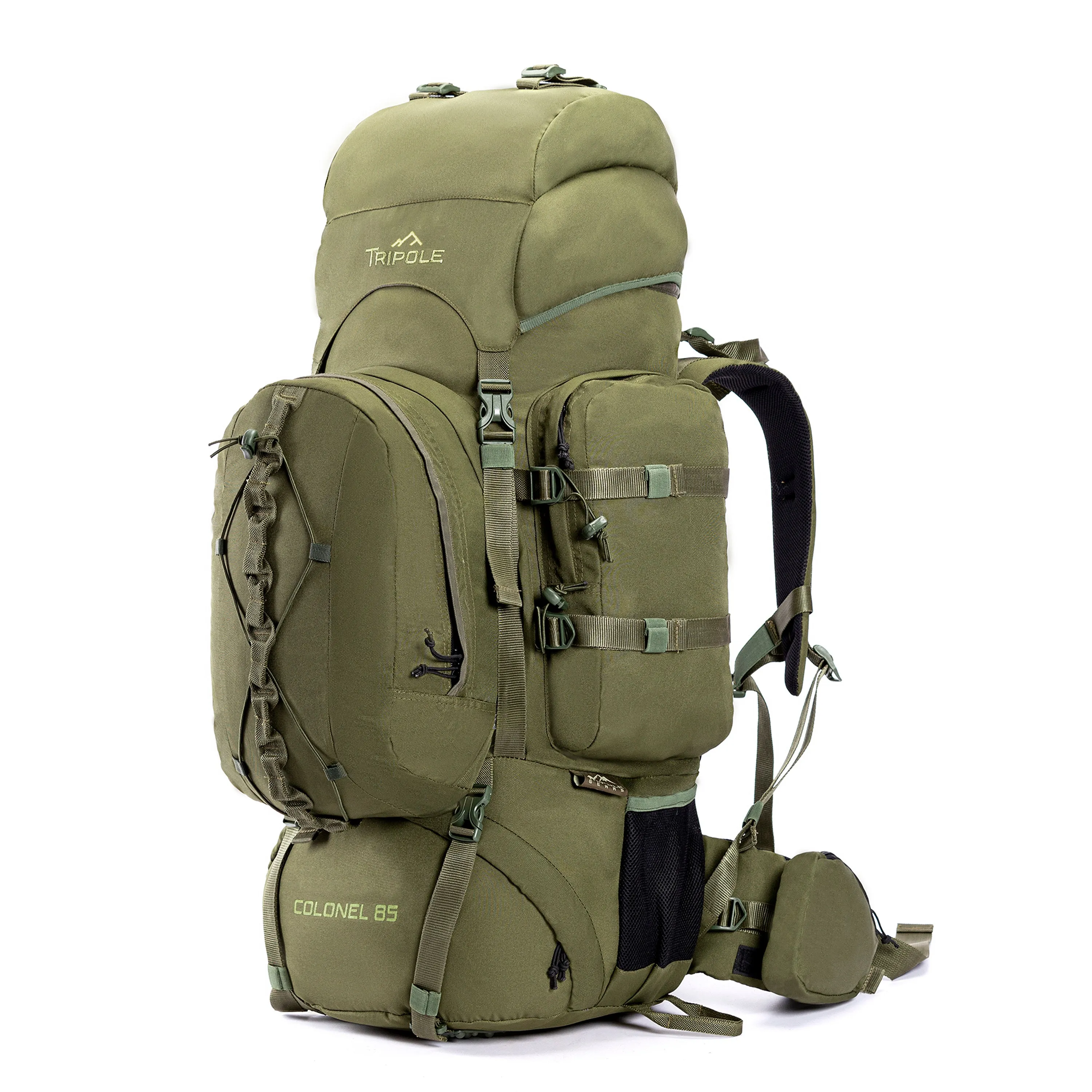 Tripole Colonel Metal Frame Rucksack with Detachable Bag & Rain Cover for Trekking & Travelling | Men & Women | 3 Year Warranty | Olive Green | 85 Litre