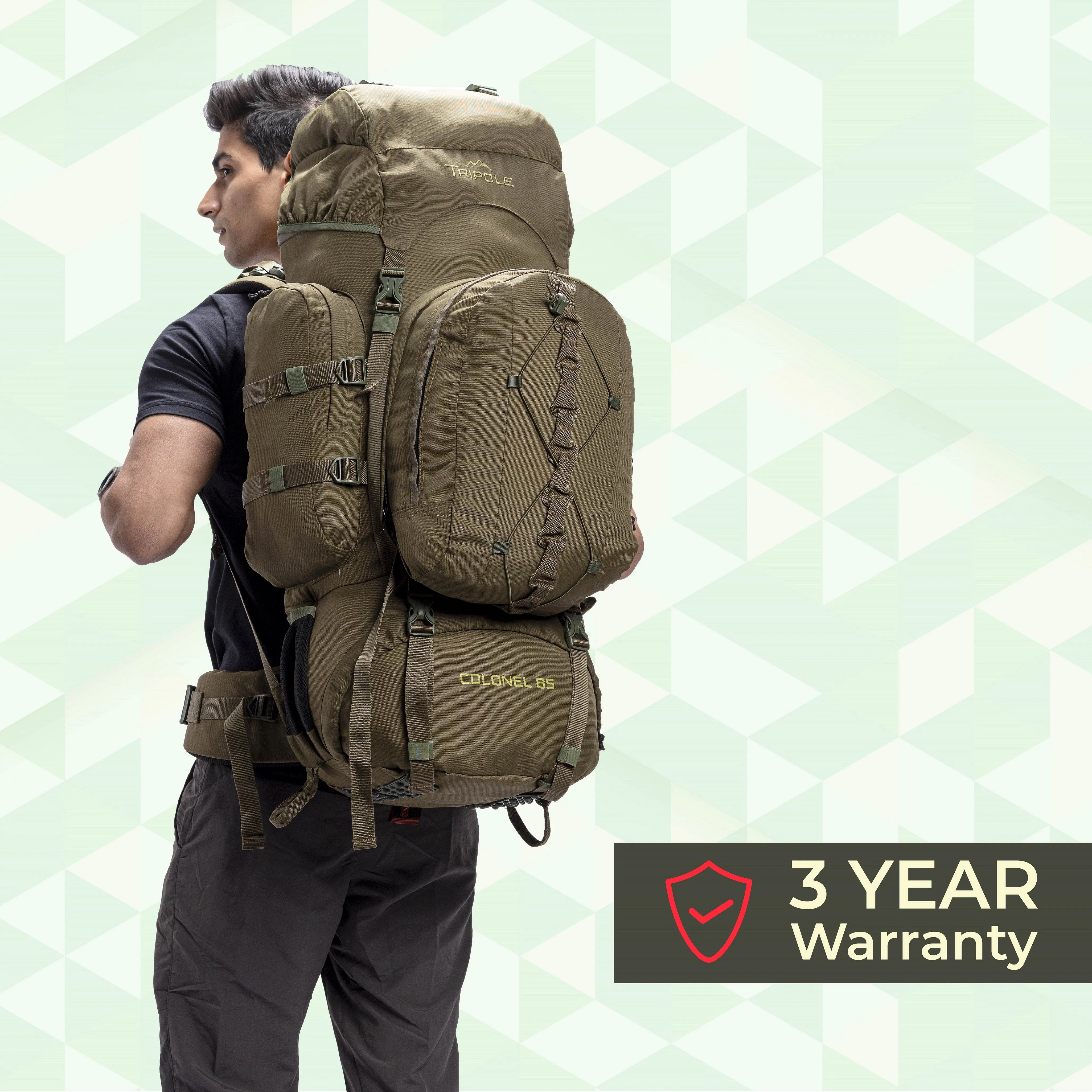 Tripole Colonel Metal Frame Rucksack with Detachable Bag & Rain Cover for Trekking & Travelling | Men & Women | 3 Year Warranty | Olive Green | 85 Litre