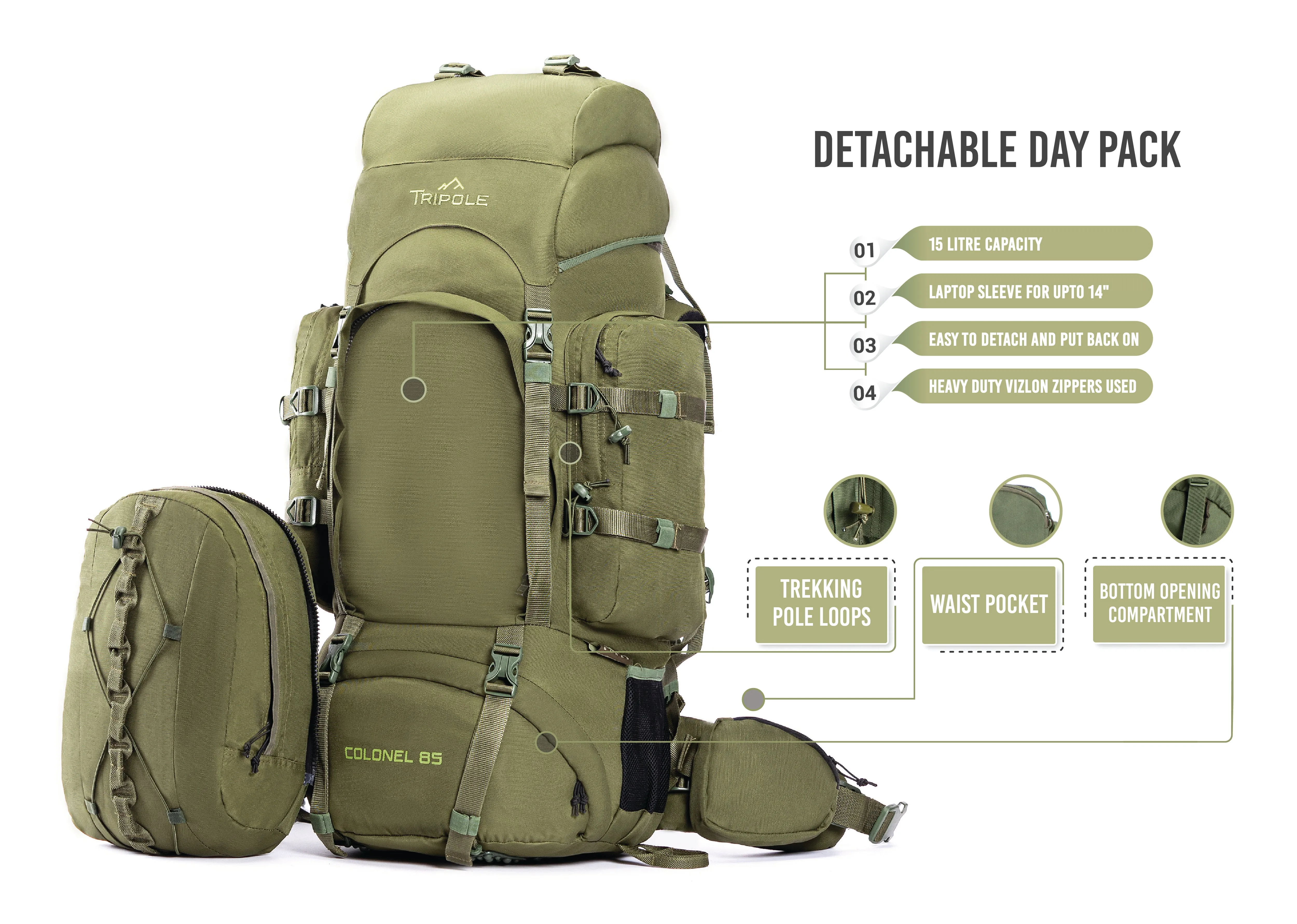 Tripole Colonel Metal Frame Rucksack with Detachable Bag & Rain Cover for Trekking & Travelling | Men & Women | 3 Year Warranty | Olive Green | 85 Litre