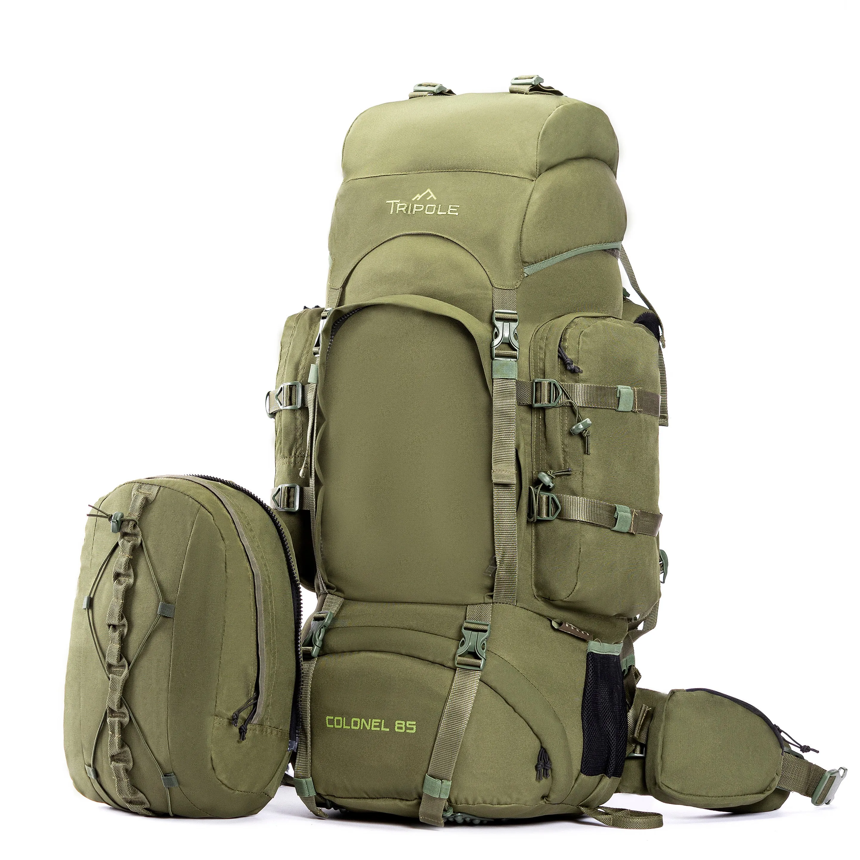 Tripole Colonel Metal Frame Rucksack with Detachable Bag & Rain Cover for Trekking & Travelling | Men & Women | 3 Year Warranty | Olive Green | 85 Litre