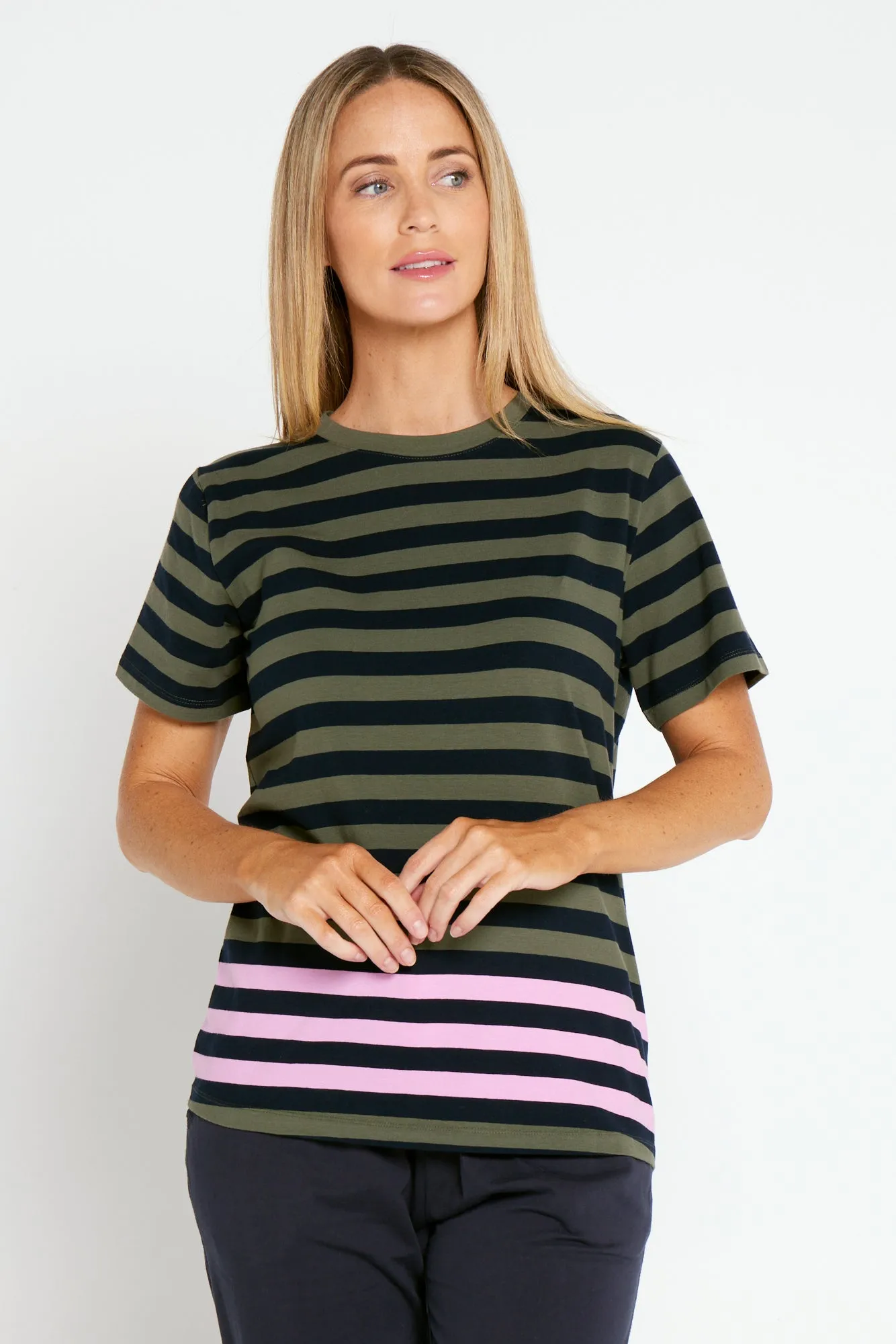 Turn Back Short Sleeve Tee - Navy/Khaki Stripe