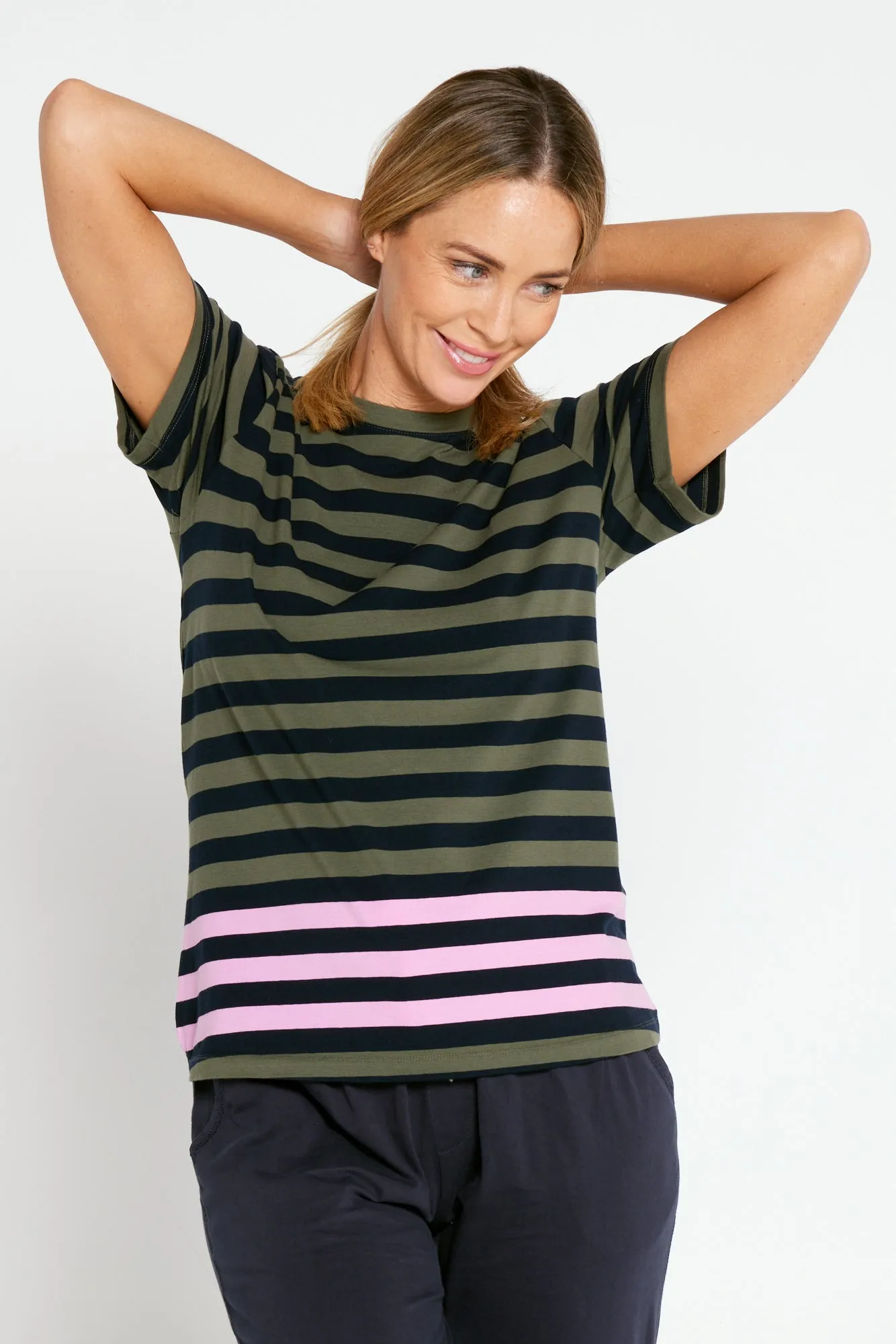 Turn Back Short Sleeve Tee - Navy/Khaki Stripe