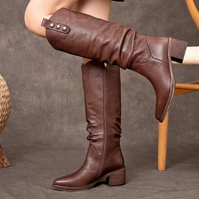 Vintage Cow leather Knee High Boots Riding Boots Mid Pumps For Women in Coffee