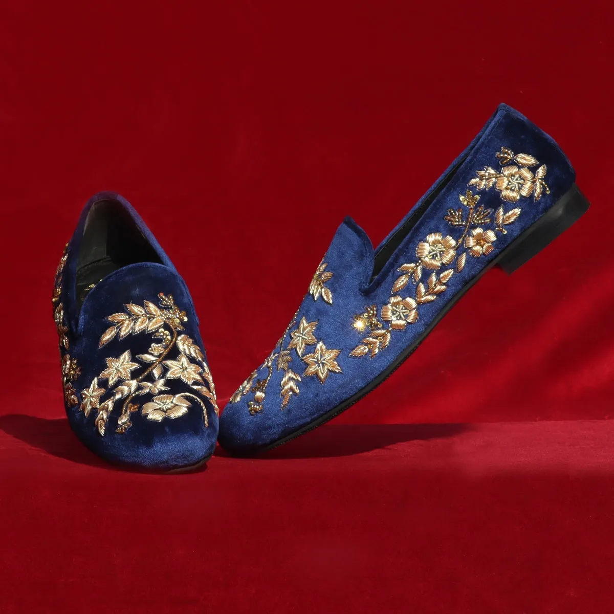 Wedding Oriented Slip-On Shoes in Blue Velvet with Floral Pattern Golden Hand Zardosi By Brune & Bareskin