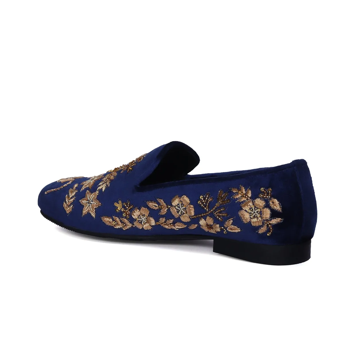 Wedding Oriented Slip-On Shoes in Blue Velvet with Floral Pattern Golden Hand Zardosi By Brune & Bareskin