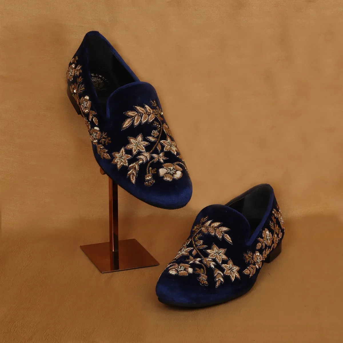 Wedding Oriented Slip-On Shoes in Blue Velvet with Floral Pattern Golden Hand Zardosi By Brune & Bareskin