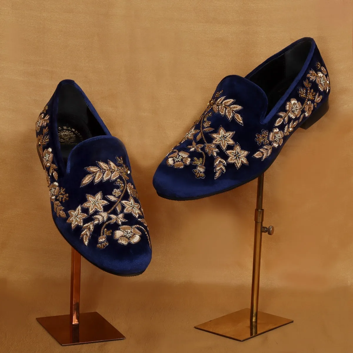 Wedding Oriented Slip-On Shoes in Blue Velvet with Floral Pattern Golden Hand Zardosi By Brune & Bareskin