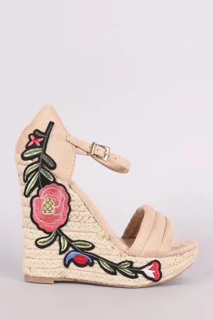 Wild Diva Lounge Embroidered Floral Suede Espadrille Platform Wedge