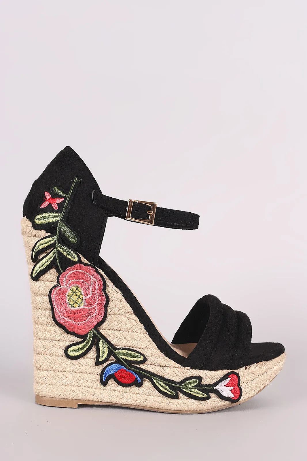 Wild Diva Lounge Embroidered Floral Suede Espadrille Platform Wedge