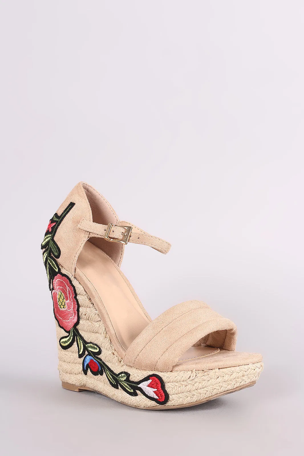 Wild Diva Lounge Embroidered Floral Suede Espadrille Platform Wedge