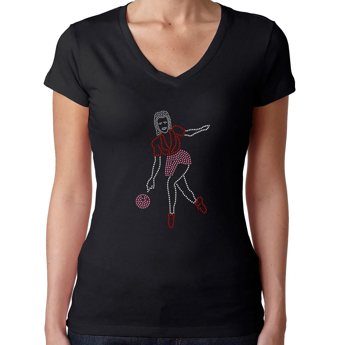 Womens T-Shirt Rhinestone Bling Black Fitted Tee Female Bowling Player Ball